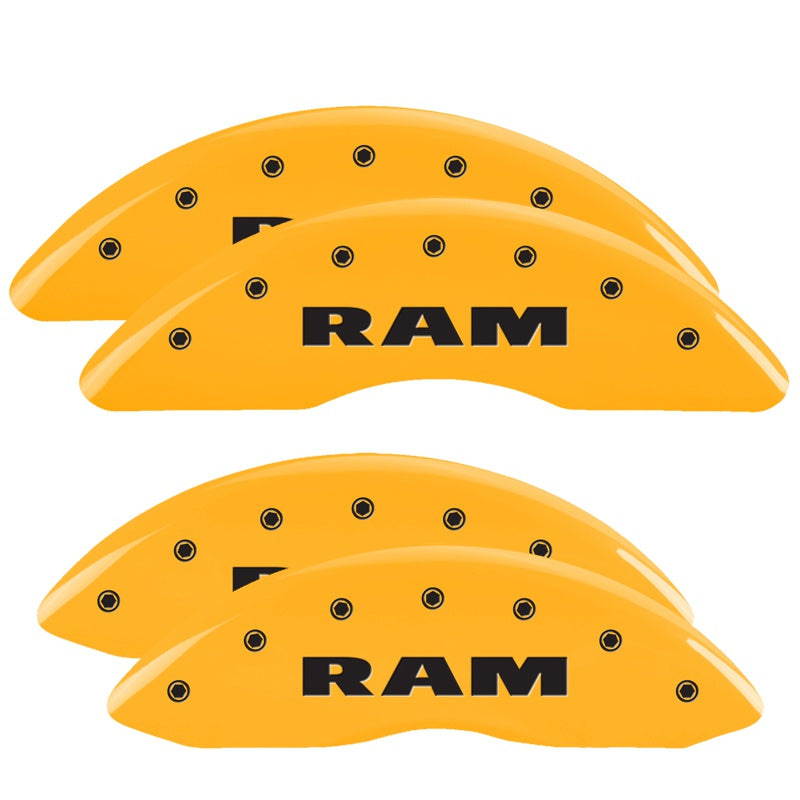 MGP 4 Caliper Covers Engraved Front &amp; Rear Ram Yellow Finish Black Char 2010 Dodge Ram 2500 - 12124SRAMYL