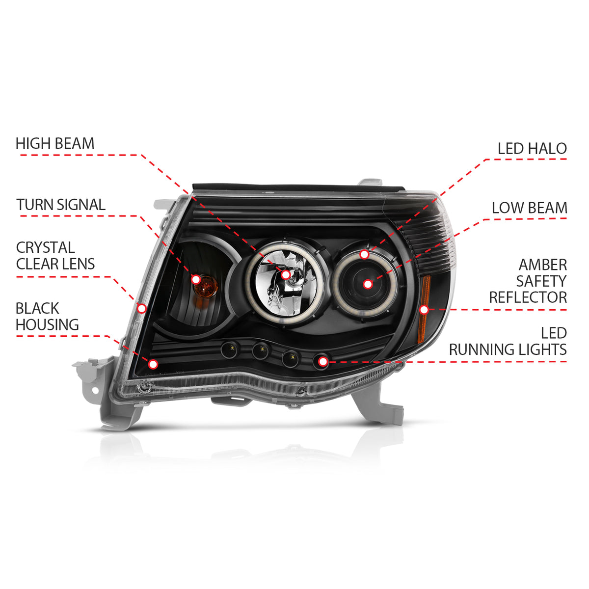 ANZO 2005-2011 Toyota Tacoma Projector Headlights w/ Halo Black - 121282