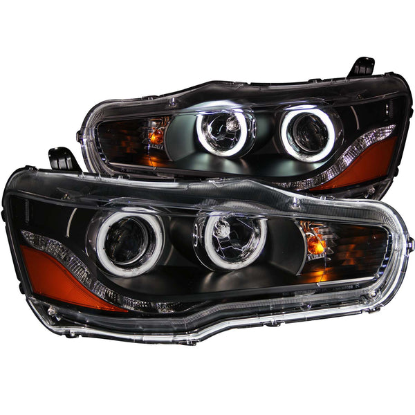 ANZO 2008-2015 Mitsubishi Lancer Projector Headlights w/ Halo Black (CCFL) - 121428 for 2008-2015 Mitsubishi Lancer - front v