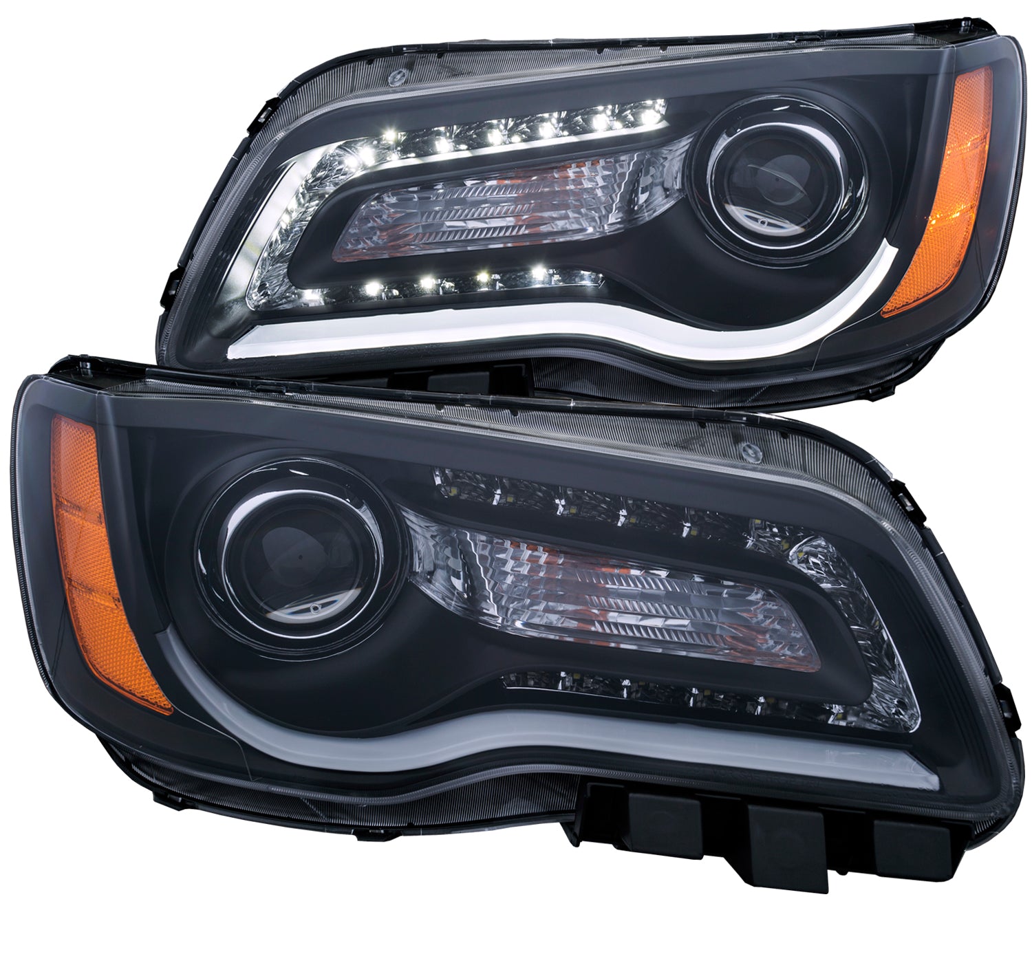 ANZO 2011-2014 Chrysler 300 Projector Headlights w/ Plank Style Design Black - 121495 for 2011-2014 Chrysler 300 - front view