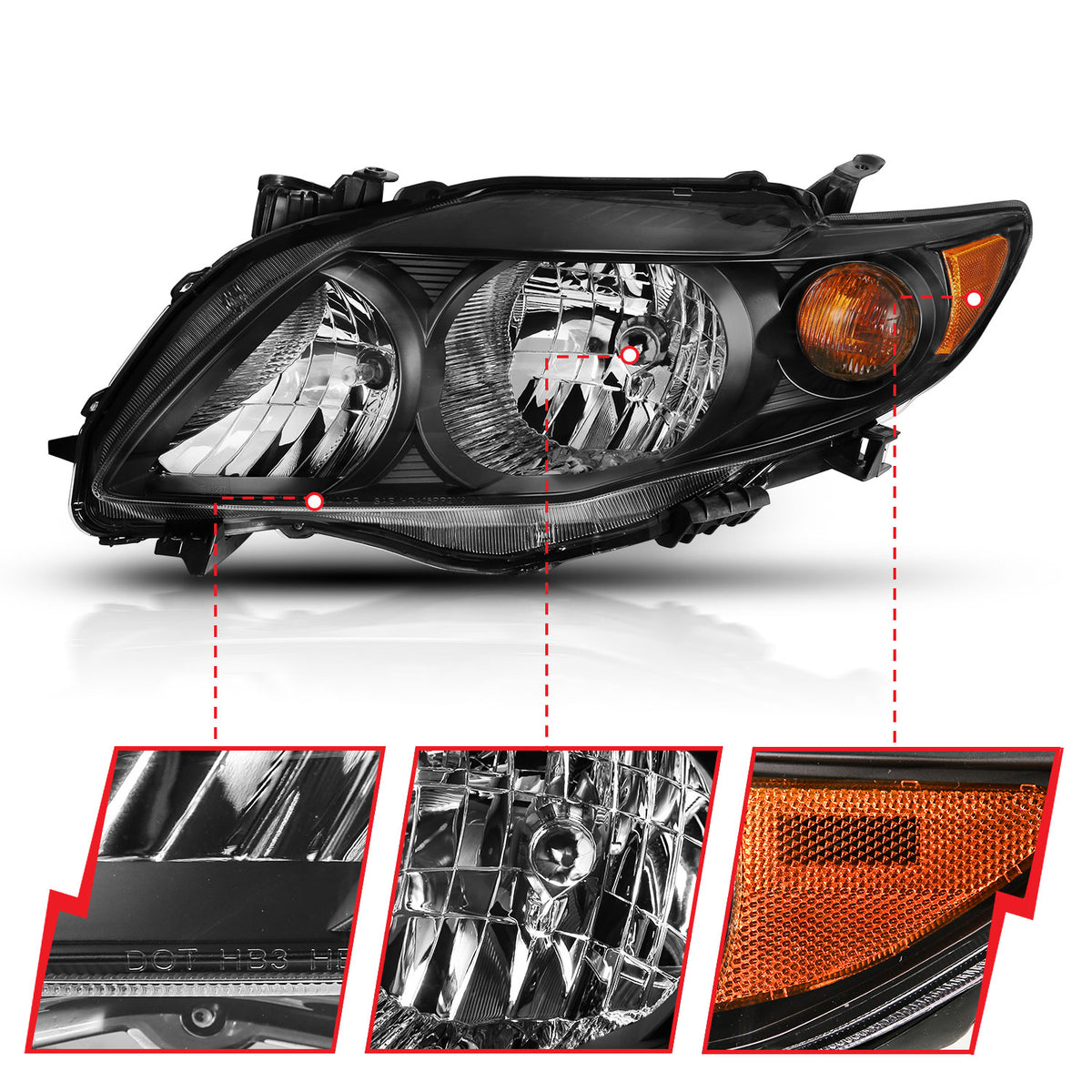 ANZO 2009-2010 Toyota Corolla Crystal Headlight Black Amber - 121541