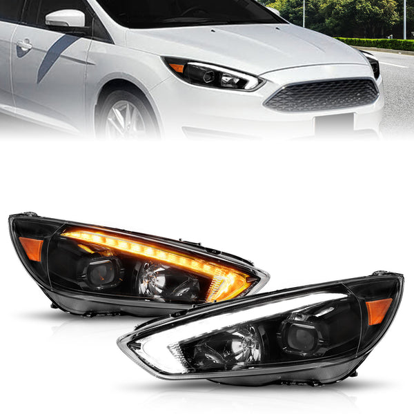 ANZO 15-18 Ford Focus Projector Headlights - w/ Light Bar Switchback Black Housing - 121564 for 2015-2018 Ford Focus - front 