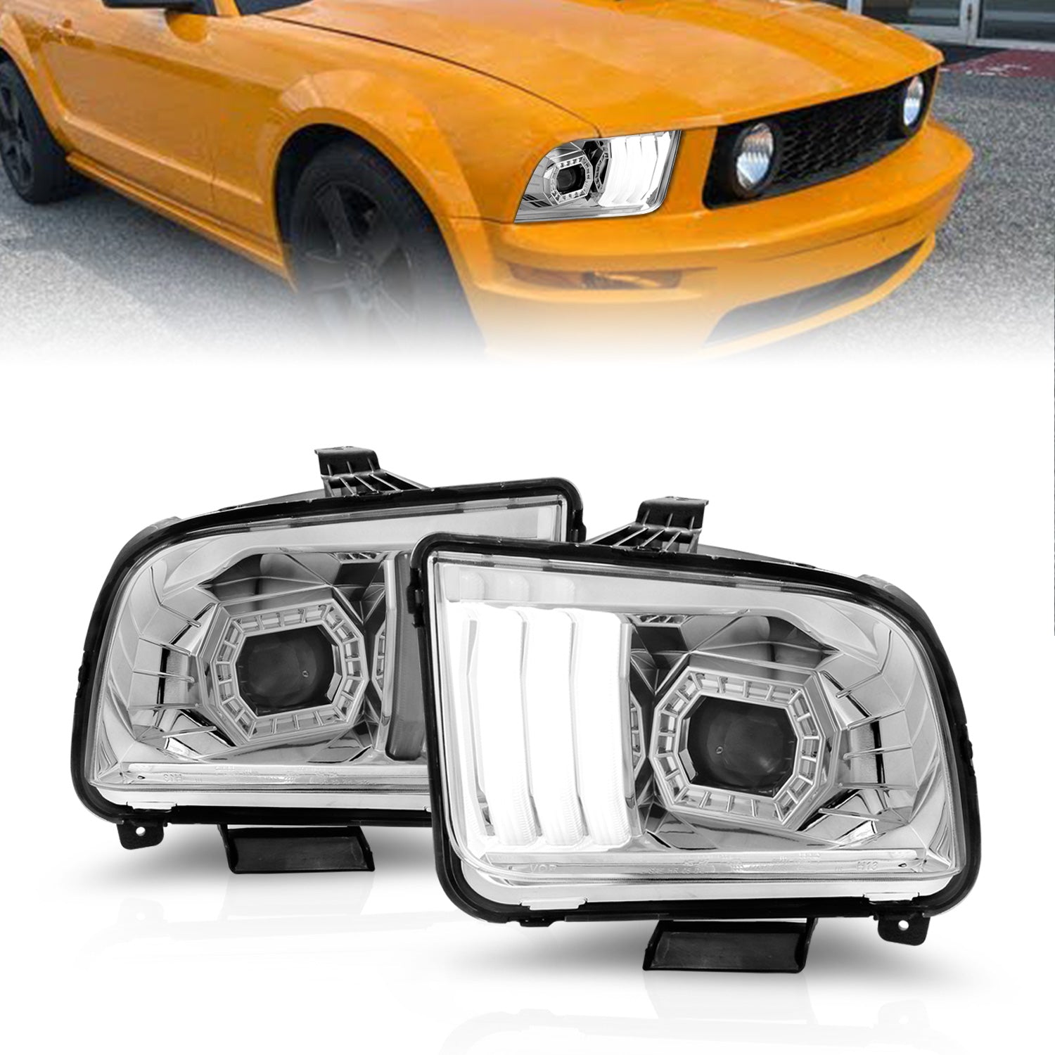 ANZO 05-09 Ford Mustang (w/Factory Halogen HL Only) Projector Headlights w/Light Bar Chrome Housing - 121567 for 2005-2009 Fo