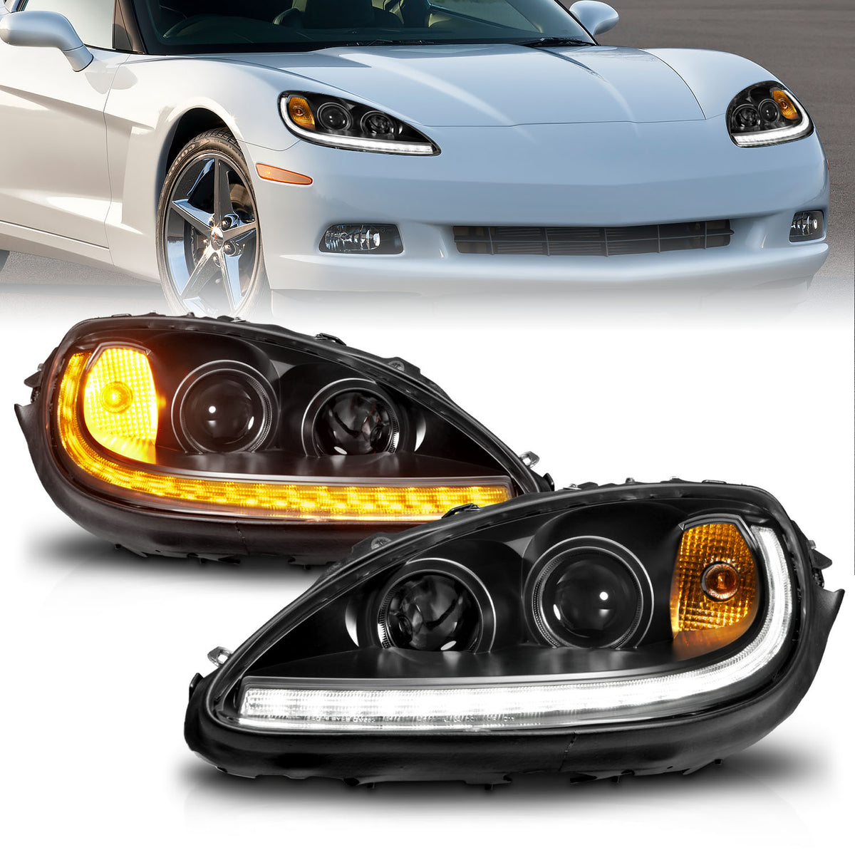 ANZO 05-13 Chevrolet Corvette Projector Headlights w/switchback & Sequential LED - Black Amber - 121571 for 2005-2013 Chevrol