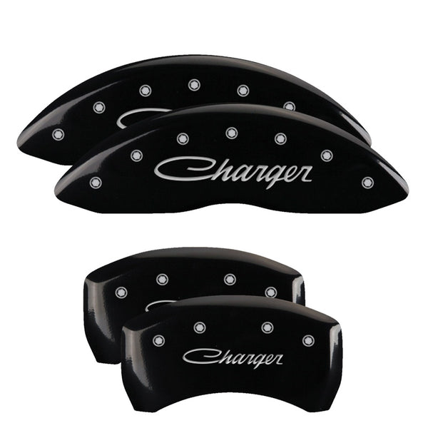 MGP 4 Caliper Covers Engraved Front &amp; Rear Cursive/Charger Black finish silver ch - 12162SCHSBK