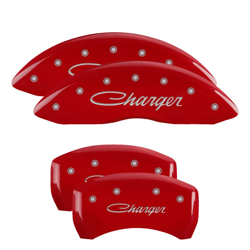 MGP 4 Caliper Covers Engraved Front &amp; Rear Cursive/Charger Red finish silver ch - 12162SCHSRD