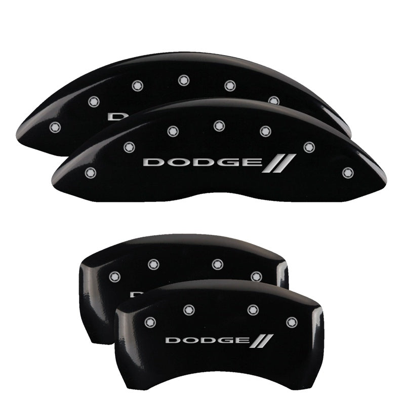MGP 4 Caliper Covers Engraved Front &amp; Rear With stripes/Dodge Black finish silver ch - 12162SDD3BK