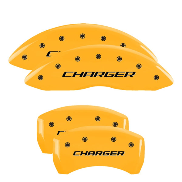 MGP 4 Caliper Covers Engraved Front &amp; Rear Block/Charger Yellow finish black ch - 12181SCHBYL