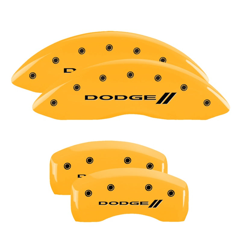 MGP 4 Caliper Covers Engraved Front &amp; Rear With stripes/Dodge Yellow finish black ch - 12192SDD3YL