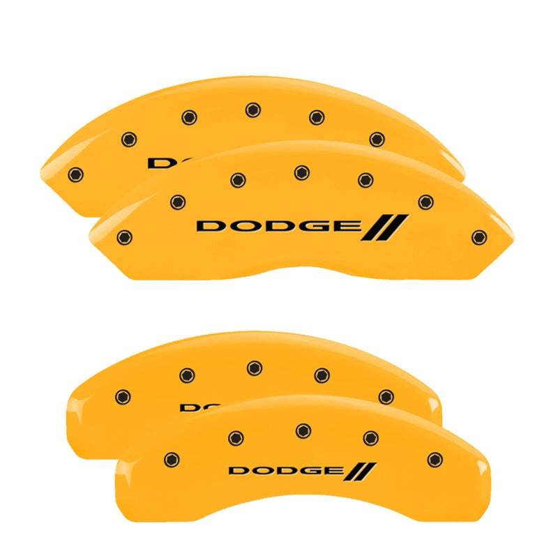 MGP 4 Caliper Covers Engraved Front &amp; Rear With stripes/Dodge Yellow finish black ch - 12200SDD3YL