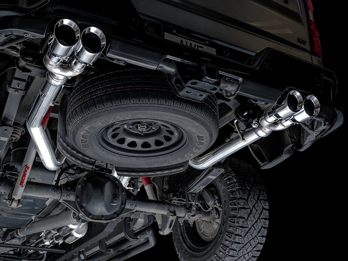AWE Tuning 4th Gen GM 1500 6.2L 0FG Catback Split Rear Exit (w/ Bumper Cutouts) - Quad Chrome Tips - 3015-42203