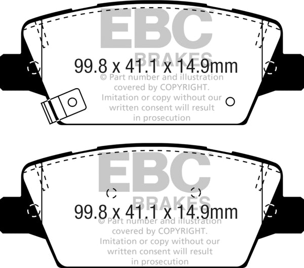 EBC 2017+ Kia Cadenza 3.3L Yellowstuff Rear Brake Pads - DP43086R for 2017-2020 Kia Cadenza - front view