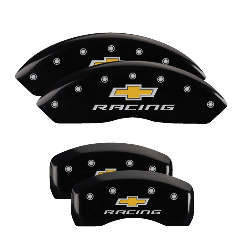 MGP 4 Caliper Covers Engraved Front &amp; Rear Chevy racing Black finish silver ch - 13007SBRCBK