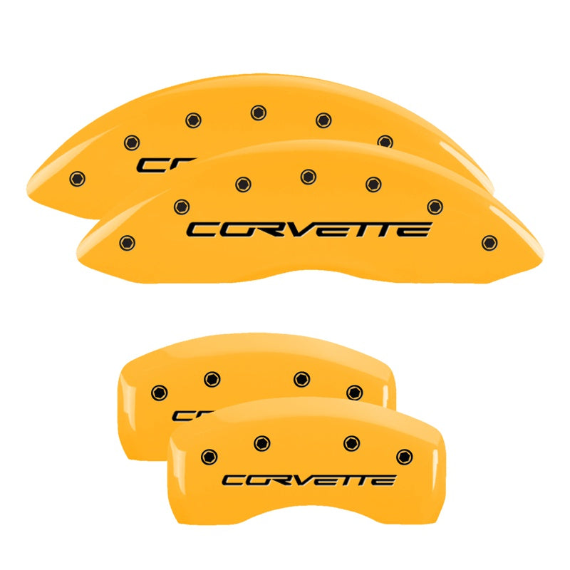 MGP 4 Caliper Covers Engraved Front &amp; Rear C6/Corvette Yellow finish black ch - 13008SCV6YL