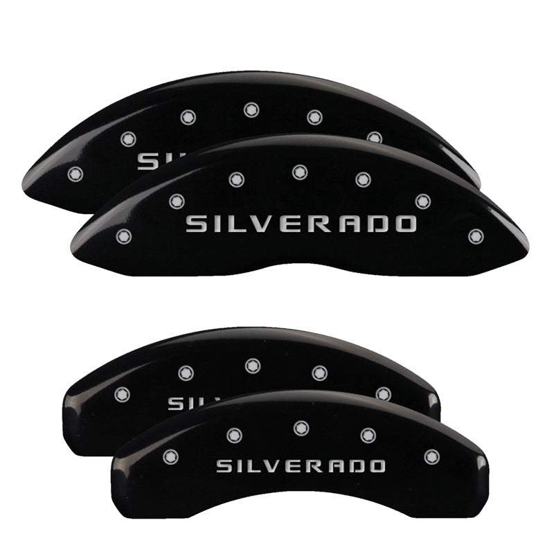 MGP 4 Caliper Covers Engraved Front &amp; Rear Silverado Black finish silver ch - 14002SSILBK