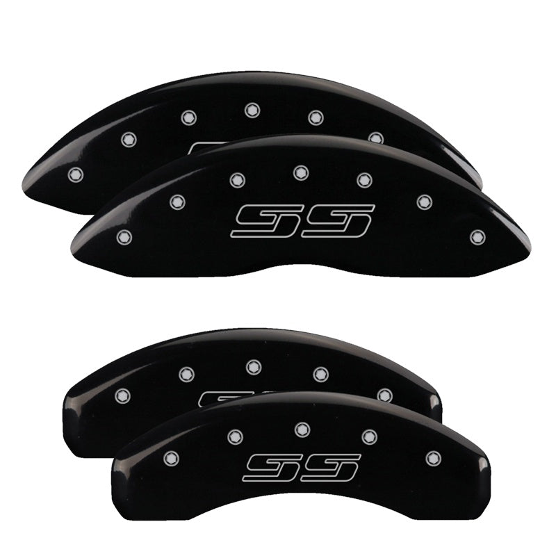 MGP 4 Caliper Covers Engraved Front &amp; Rear Avalanche style/SS Black finish silver ch - 14002SSS1BK