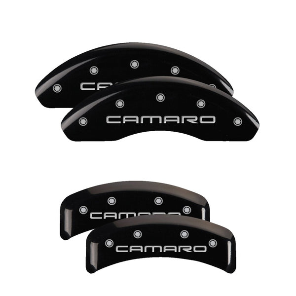 MGP 4 Caliper Covers Engraved Front &amp; Rear Gen 4/Camaro Black finish silver ch - 14026SCA4BK