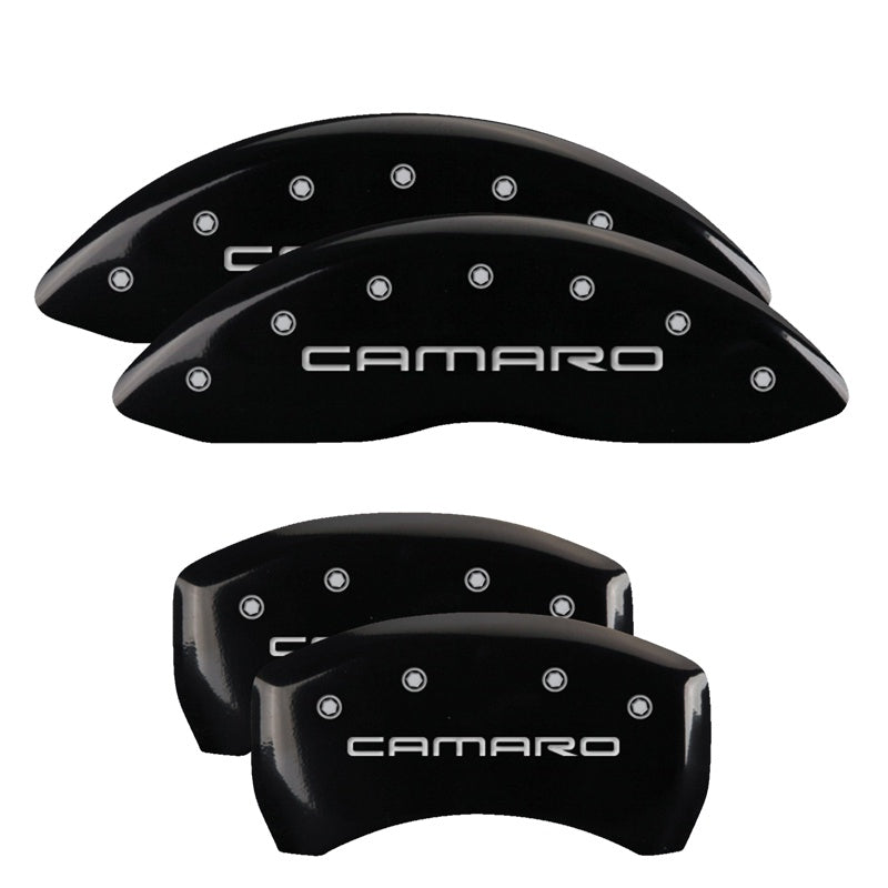 MGP 4 Caliper Covers Engraved Front &amp; Rear Gen 4/Camaro Black finish silver ch - 14027SCA4BK