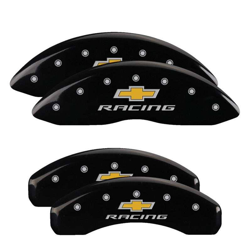 MGP 4 Caliper Covers Engraved Front &amp; Rear Chevy racing Black finish silver ch - 14033SBRCBK