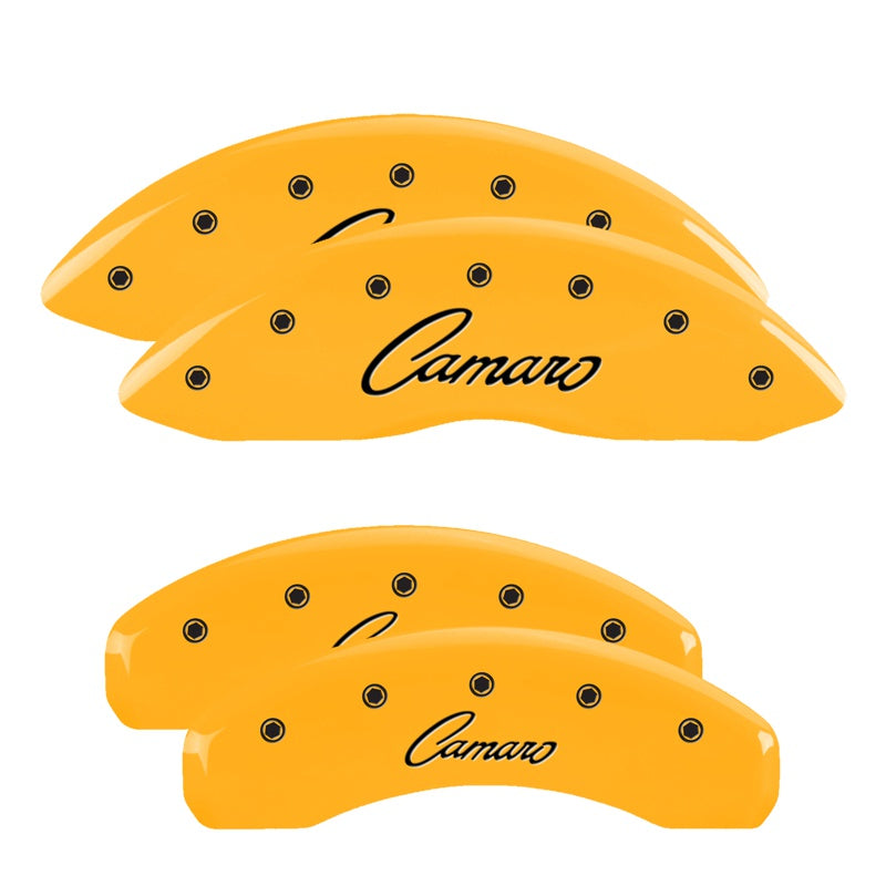 MGP 4 Caliper Covers Engraved Front &amp; Rear Cursive/Camaro Yellow finish black ch - 14033SCCSYL