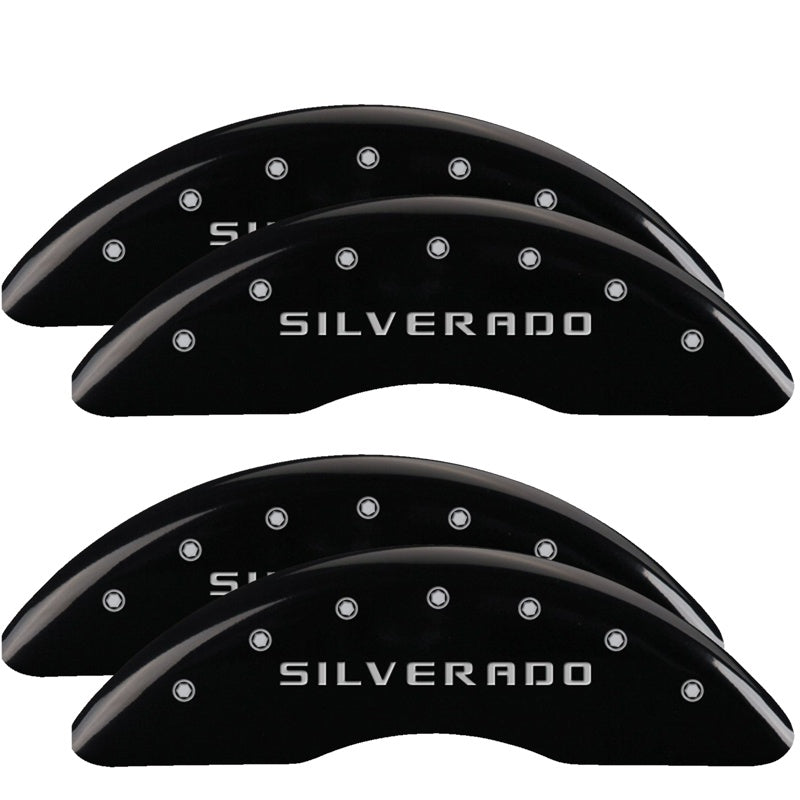 MGP 4 Caliper Covers Engraved Front &amp; Rear Silverado Black finish silver ch - 14173SSILBK
