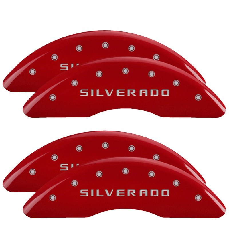 MGP 4 Caliper Covers Engraved Front &amp; Rear Silverado Red finish silver ch - 14173SSILRD