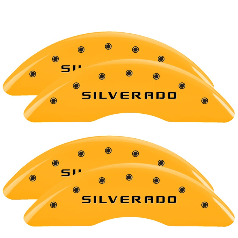 MGP 4 Caliper Covers Engraved Front &amp; Rear Silverado Yellow finish black ch - 14173SSILYL