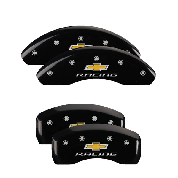 MGP 4 Caliper Covers Engraved Front &amp; Rear Chevy racing Black finish silver ch - 14206SBRCBK