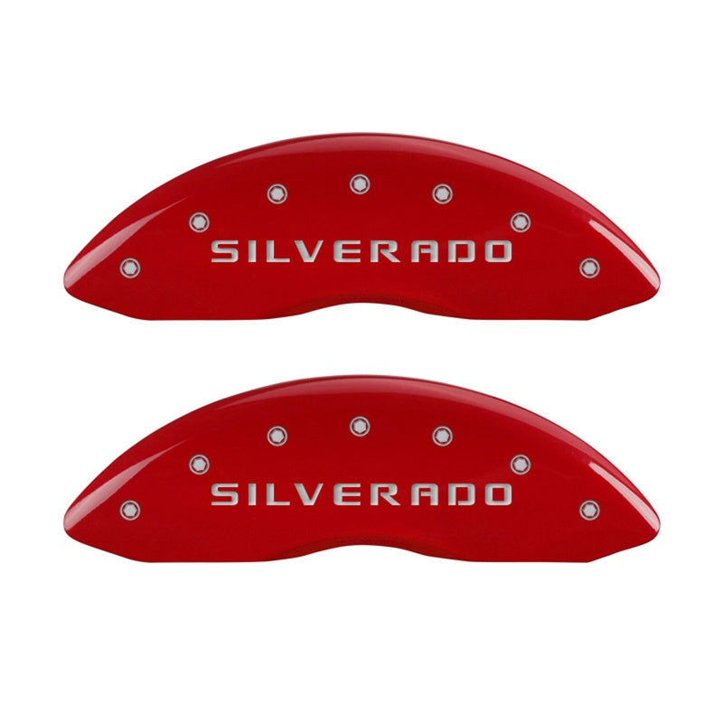 MGP Front set 2 Caliper Covers Engraved Front Silverado Red finish silver ch - 14207FSILRD