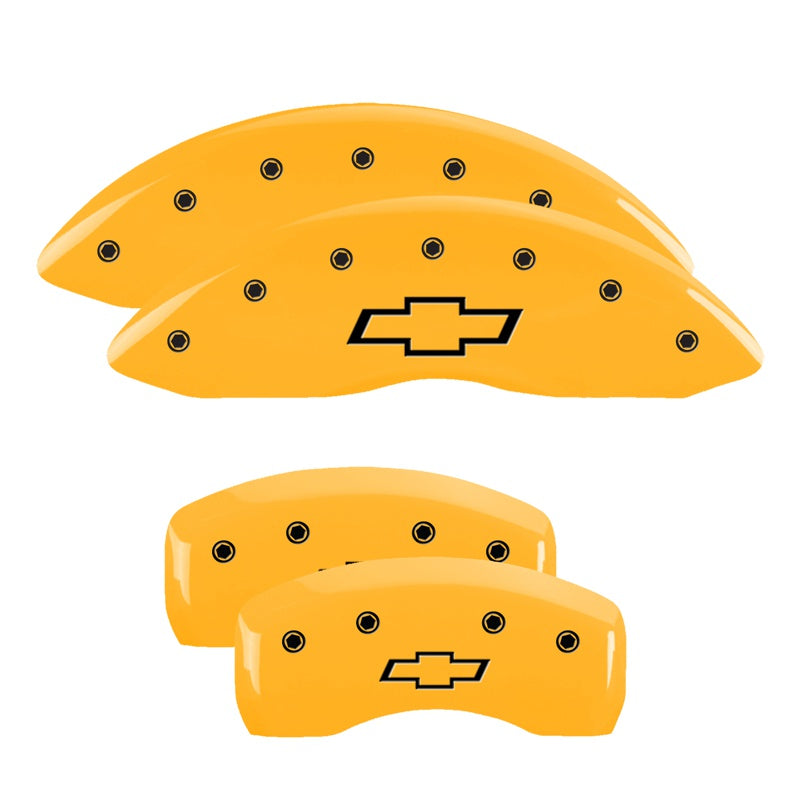 MGP 4 Caliper Covers Engraved Front &amp; Rear Bowtie Yellow Finish Black Char 2008 Chevrolet Impala - 14217SBOWYL