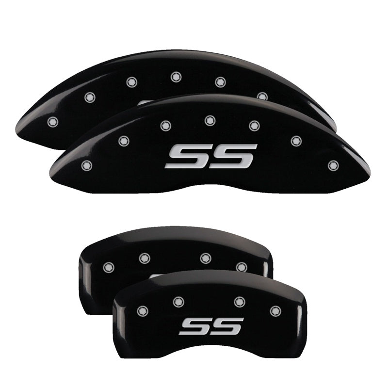 MGP 4 Caliper Covers Engraved Front &amp; Rear Monte Carlo style/SS Black finish silver ch - 14217SSS4BK