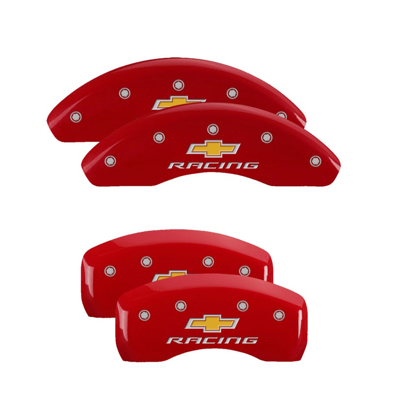 MGP 4 Caliper Covers Engraved Front &amp; Rear Chevy racing Red finish silver ch - 14232SBRCRD