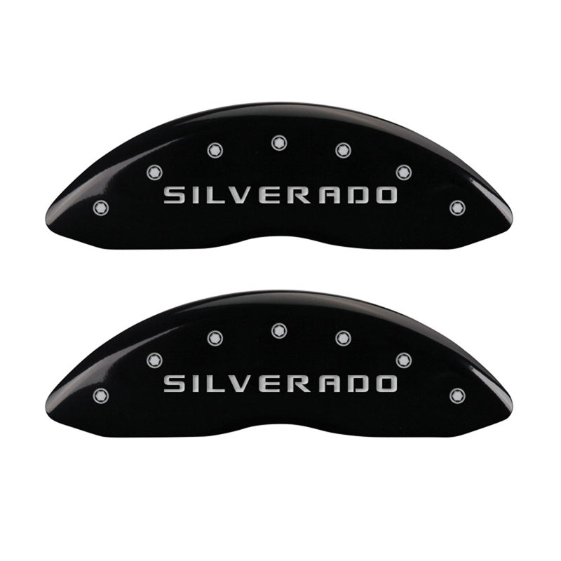 MGP Front set 2 Caliper Covers Engraved Front Silverado Black finish silver ch - 14238FSILBK