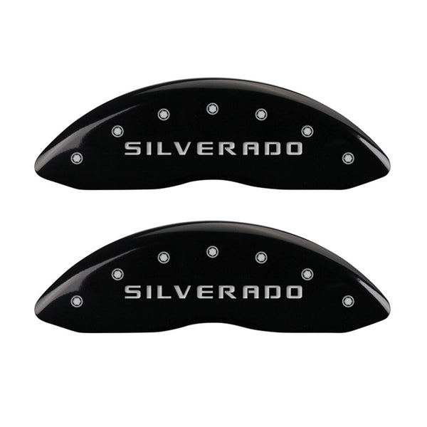MGP Front set 2 Caliper Covers Engraved Front Silverado Black finish silver ch - 14238FSILBK