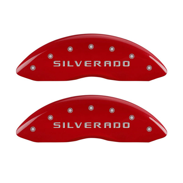 MGP Front set 2 Caliper Covers Engraved Front Silverado Red finish silver ch - 14238FSILRD