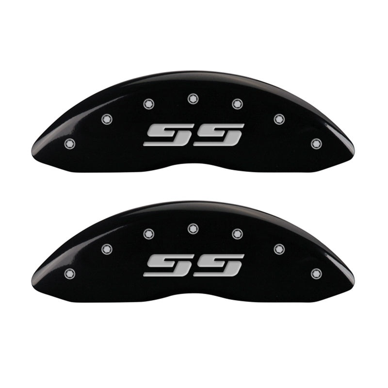 MGP Front set 2 Caliper Covers Engraved Front Silverado style/SS Black finish silver ch - 14238FSS3BK