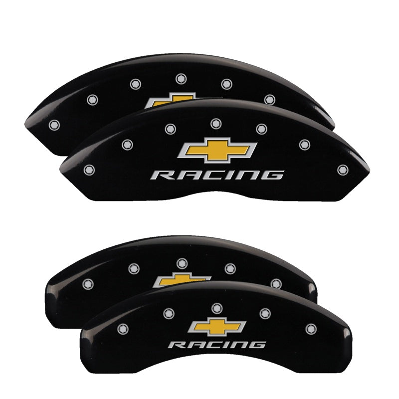 MGP 4 Caliper Covers Engraved F &amp; R Chevy Racing Black Finish Silver Char 2017 Chevrolet Camaro - 14240SBRCBK