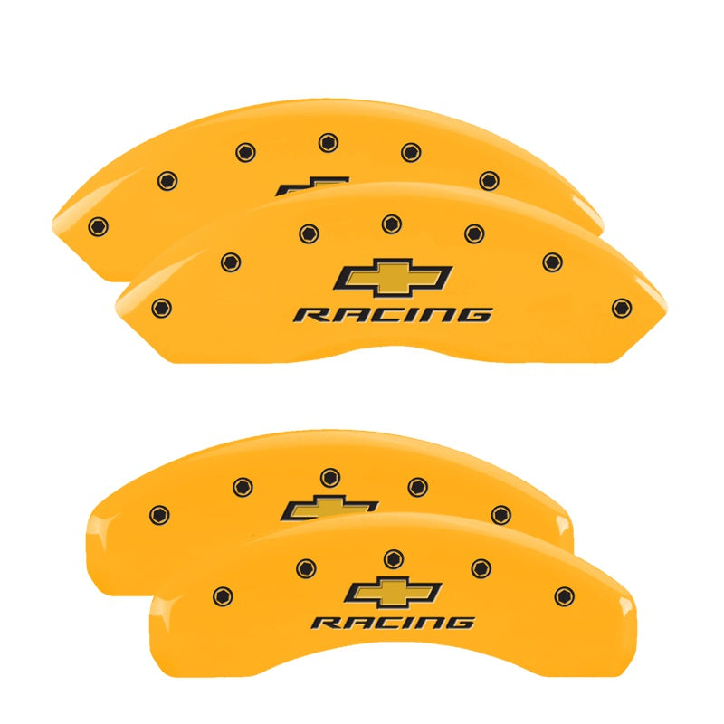 MGP 4 Caliper Covers Engraved F &amp; R Chevy Racing Yellow Finish Black Char 2017 Chevrolet Camaro - 14240SBRCYL