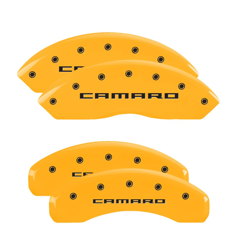 MGP 4 Caliper Covers Engraved Front &amp; Rear Gen 5/Camaro Yellow finish black ch - 14240SCA5YL