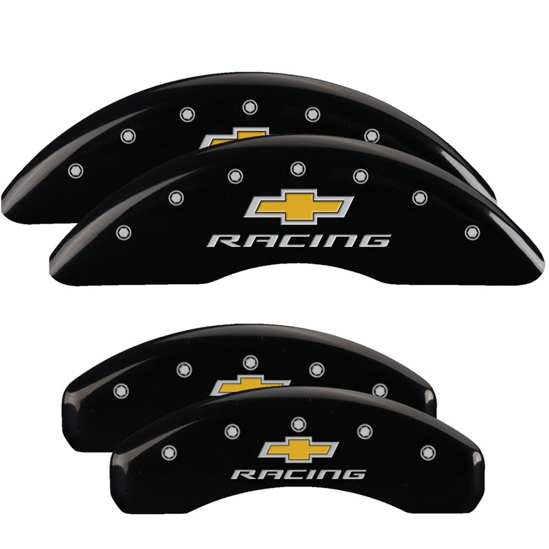 MGP 4 Caliper Covers Engraved F &amp; R Chevy Racing Black Finish Silver Char 2019 Chevrolet Camaro - 14241SBRCBK