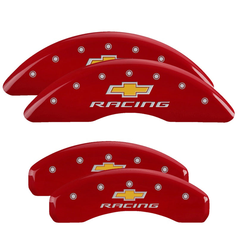 MGP 4 Caliper Covers Engraved Front &amp; Rear Chevy Racing Red Finish Silver Char 2016 Chevrolet Camaro - 14241SBRCRD