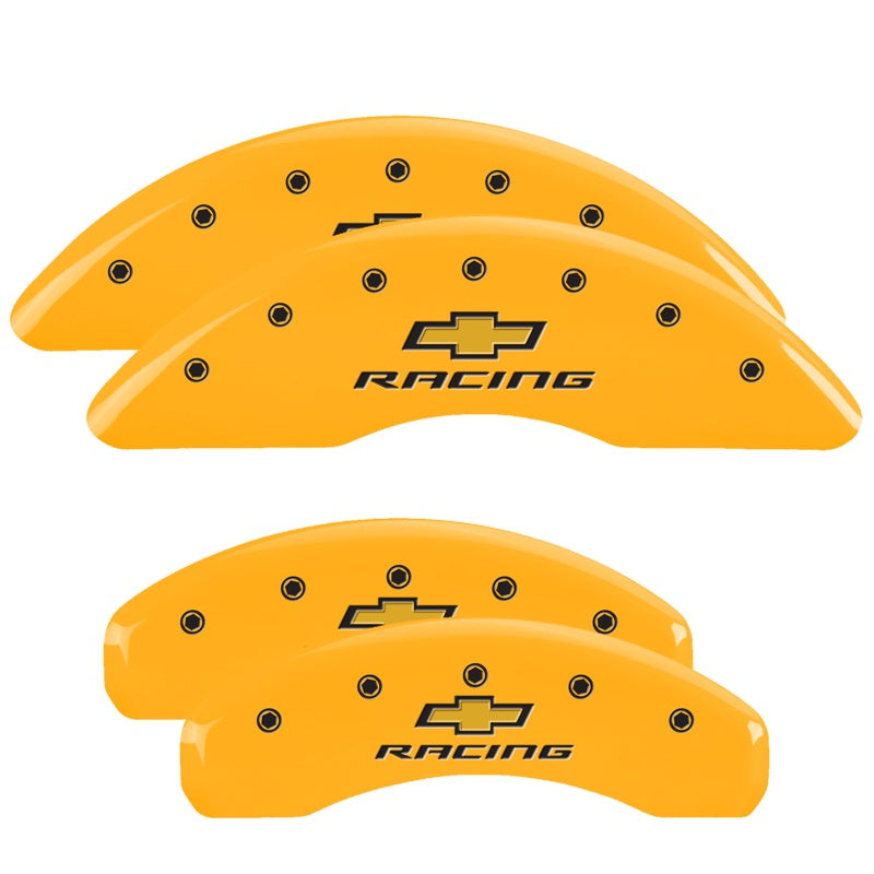 MGP 4 Caliper Covers Engraved F &amp; R Chevy Racing Yellow Finish Black Char 2016 Chevrolet Camaro - 14241SBRCYL