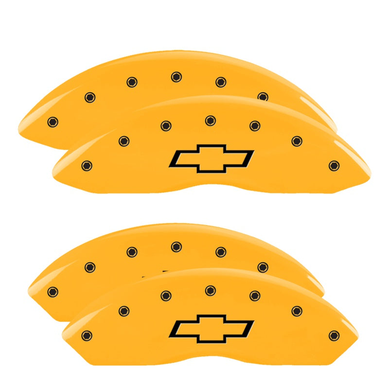 MGP 4 Caliper Covers Engraved F &amp; R Bowtie Yellow Finish Black Char 2014 Chevrolet Express 2500 - 14243SBOWYL
