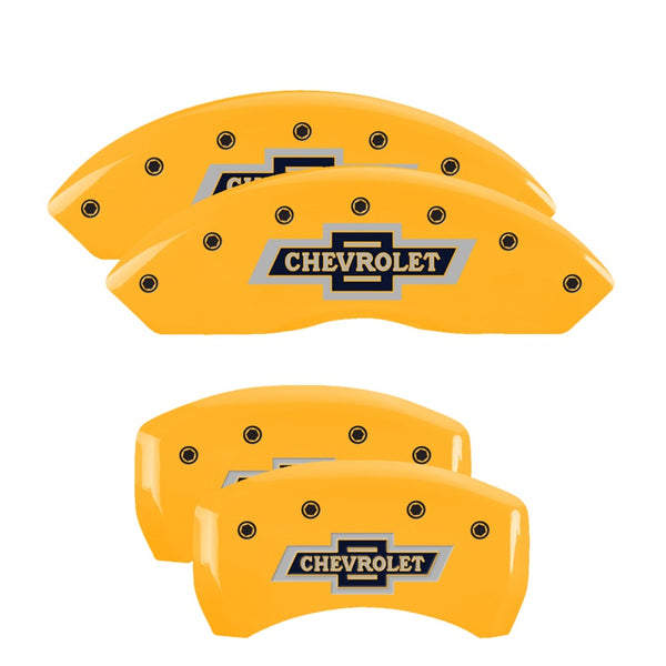 MGP 4 Caliper Covers Engraved F &amp; R 100 Anniversary Yellow Finish Black Char 2019 Chevrolet Equinox - 14247SBANYL
