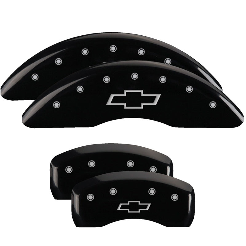 MGP 4 Caliper Covers Engraved Front &amp; Rear Bowtie Black Finish Silver Char 2019 Chevrolet Traverse - 14250SBOWBK