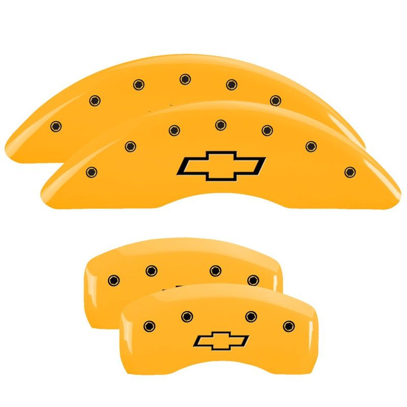 MGP 4 Caliper Covers Engraved Front &amp; Rear Bowtie Yellow Finish Black Char 2019 Chevrolet Traverse - 14250SBOWYL