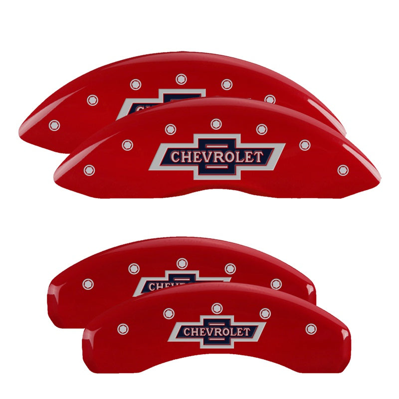 MGP 4 Caliper Covers Engraved F &amp; R 100 Anniversary Red Finish Silver Char 2019 Chevy Silverado 1500 - 14252SBANRD