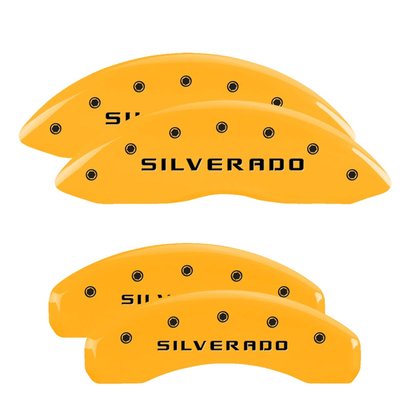 MGP 4 Caliper Covers Engraved Front &amp; Rear Silverado Yellow Finish Blk Char 19 Chevy Silverado 1500 - 14252SSILYL