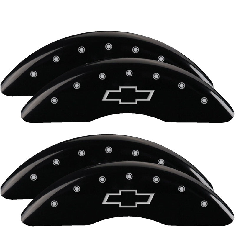 MGP 4 Caliper Covers Engraved Front &amp; Rear Bowtie Black finish silver ch 20+ Silverado 2500 HD - 14258SBOWBK