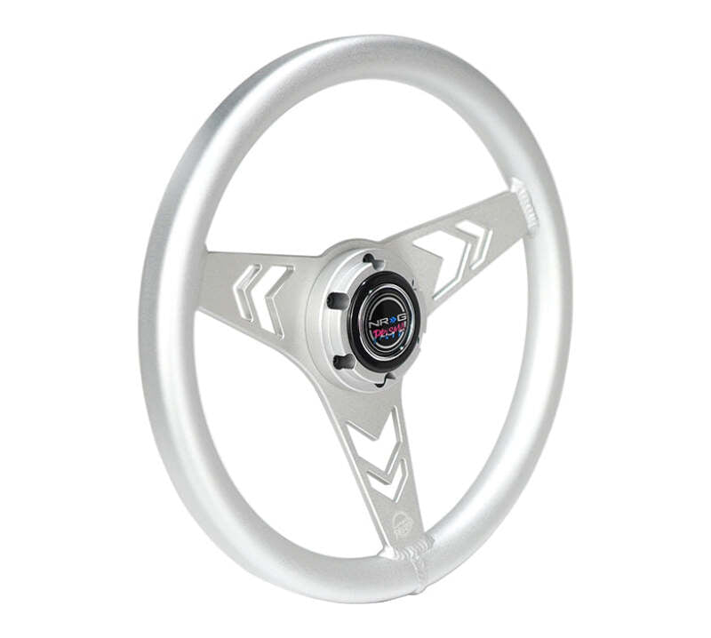 NRG Aluminum Steering Wheel 330mm - Arow Cutout - Ergonomic Grip - Anadized Silver - RST-070-SL - close-up view